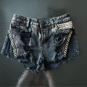 Custom Distressed Black Denim Shorts with Studded Detail Size 6
